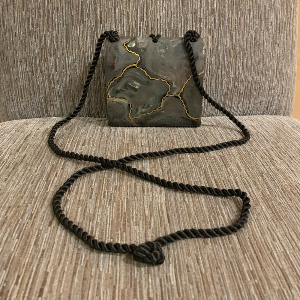 Vintage EUC Timmy Woods MINI wood shoulder bag purse gray/gold